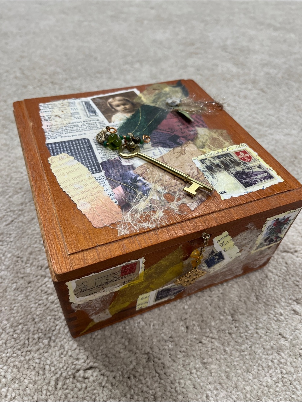 Vintage-Inspired Wooden Keepsake Box with Brass Key Accent - Brown